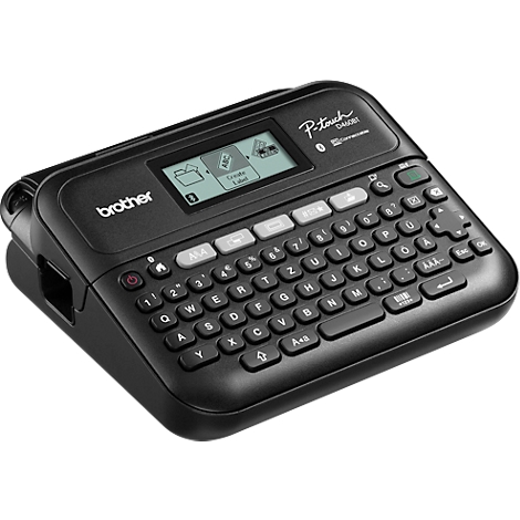 Zwarte Brother labelmaker. Het heeft een toetsenbord, een display en de tekst "P-Touch".