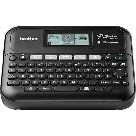 Zwarte Brother P-Touch labelmaker met toetsenbord en display. Labelmaker met Brother, P-Touch D460BT opschrift en toetsenbord.