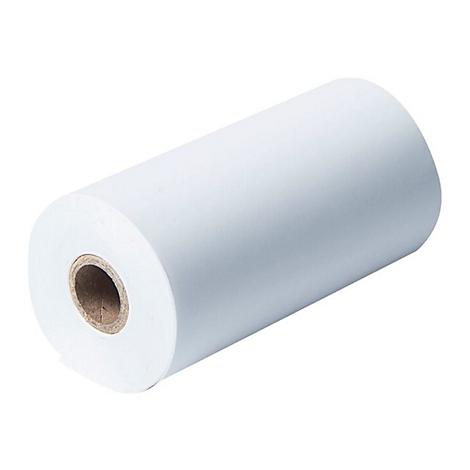 Eine einzelne, weiße Thermopapierrolle auf weißem Hintergrund.