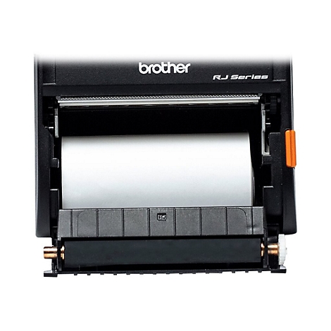 Nahaufnahme des offenen Brother RJ Series Etikettendruckers mit eingelegter Papierrolle.
