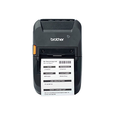 Schwarzer Brother Thermodrucker mit orangefarbenem Akzent. Ein Beleg wird gedruckt. Auf dem Papier stehen Daten zu einem Service.
