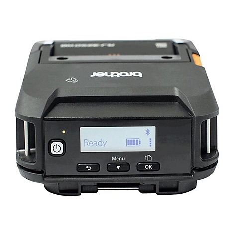 Schwarzer mobiler Brother-Drucker. Display zeigt "Ready" und Batteriesymbol. Power-Button und Bluetooth-Symbol.
