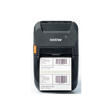Schwarzer Brother-Etikettendrucker mit zwei Etiketten. Aufgedruckte Adresse und Barcode.
