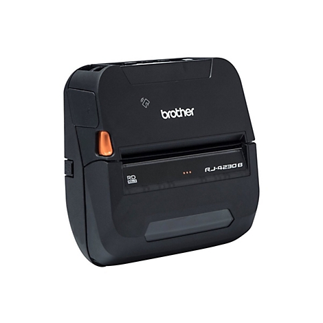 Schwarzer Brother RJ-4230B Etikettendrucker auf weißem Hintergrund. Orangefarbener Knopf an der Seite.