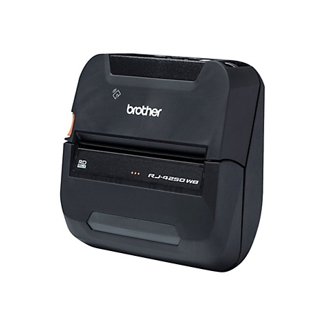 Schwarzer Brother RJ-4250WB Etikettendrucker. Auf der Vorderseite Schriftzug und Funktionsanzeigen, orangefarbener Knopf.