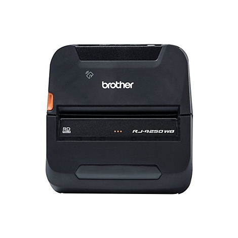 Schwarzer Brother-Etikettendrucker, Modell RJ-4250 WB, vor weißem Hintergrund.