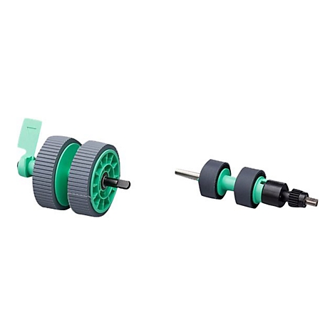 Zwei Walzensätze, links mit grünem Griff, rechts ohne. Graue Rollen mit grünen Innenringen, auf weißem Hintergrund.