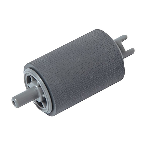 Grauer, geriffelter Drucker-Einzugsrolle vor weißem Hintergrund. An den Seiten graue Kunststoffelemente.