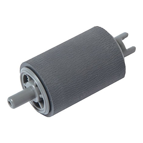 Grauer Drucker-Rollen-Ersatzteil. Zylindrische Form mit geriffelter Oberfläche und Halterungen.