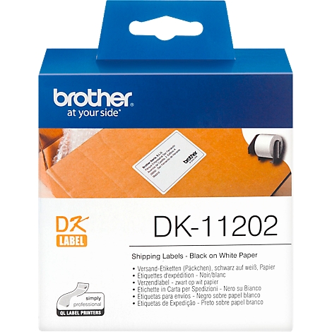 Blue Brother packaging with label roll. Prints: DK-11202, shipping labels, black on white paper.