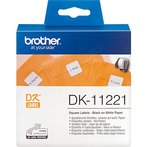 Product packaging of Brother DK-11221 labels. Blue and white packaging, with text and examples.
