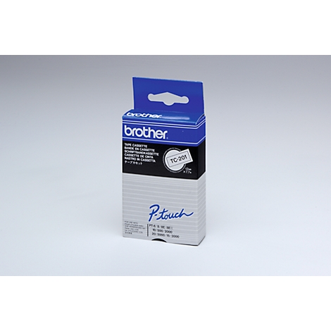 A Brother P-touch label cassette box. The box is blue, black and white. The box says 'Brother' and 'P-touch'.
