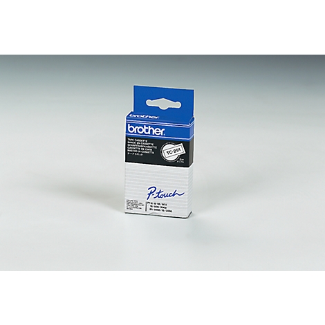 Brother label cassette in white packaging with blue hanger. Label: P-Touch.