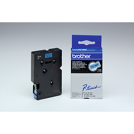 A black Brother P-Touch label tape and its packaging on a white background. "Black Blue" is written on the label tape.