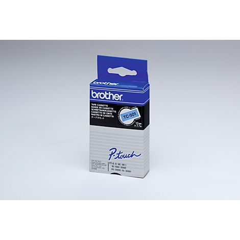 A Brother P-Touch TC-501 label cassette box. The box is blue and white and displays the brand name and product information.