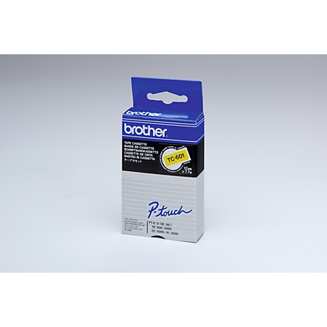 A Brother P-Touch label cassette box, white and blue, against a white background.