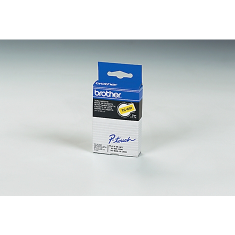 Brother label cassette, white, with blue logo and yellow details.