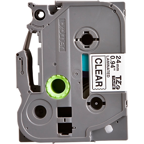 Gray Brother label maker with green and transparent elements. Inscription: CLEAR, 24mm, TZ TAPE.
