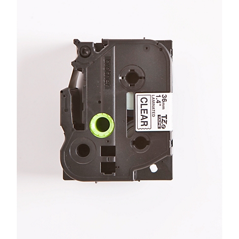 A black label cassette with a white label. The label says "CLEAR" and dimensions.