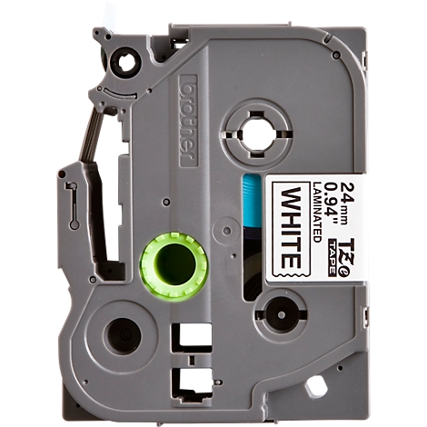 A grey label tape cartridge with green and blue accents. The white label says: 24mm 0.94", white, laminated. The brand name is Brother.