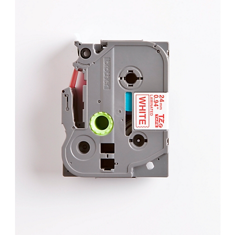 Gray label tape holder with white label field and green and red accents. Label: WHITE, 24 mm, 0.94".