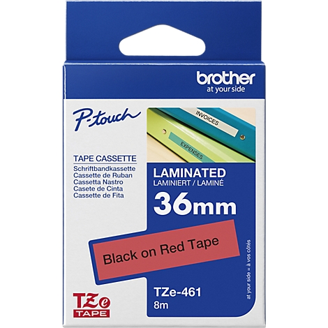 Tape cassette, 36mm, black on red. Packaging with blue and white color tones.
