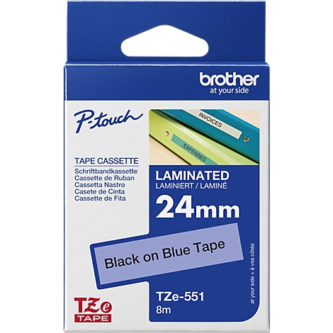 A package with a label identifying blue tape with black lettering. The background is white.