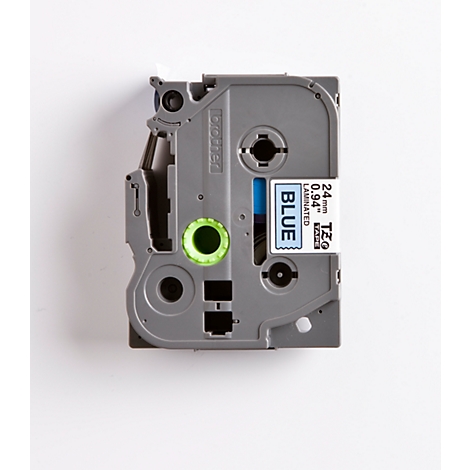 Gray label maker with green wheel, blue label that says "BLUE".