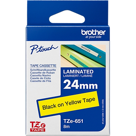 Label tape cassette in blue, white and yellow with text: "Black on yellow tape".