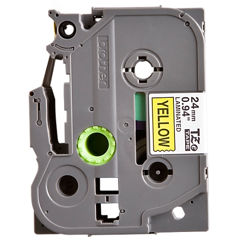 Close-up of a gray Brother label cassette with yellow text. Yellow text reads: YELLOW, 24 mm, 0.94".