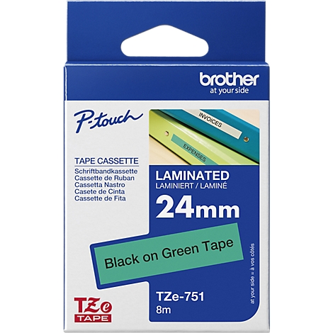 Packaging of a Brother TZe label tape cassette. Blue, white, and turquoise dominate. Text: "TAPE CASSETTE", "LAMINATED 24mm BLACK ON GREEN TAPE".