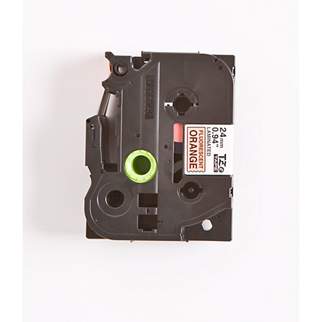 Dark gray label cartridge. A green hole, orange-white label: fluorescent orange, 24mm, laminated.