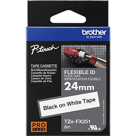 White case with blue rectangle, lettering, black text on white tape. "24 mm", "Brother".