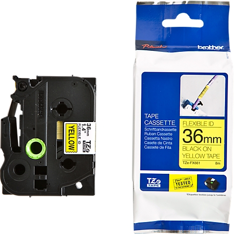 A yellow tape cassette with black text next to a package that promotes the product.