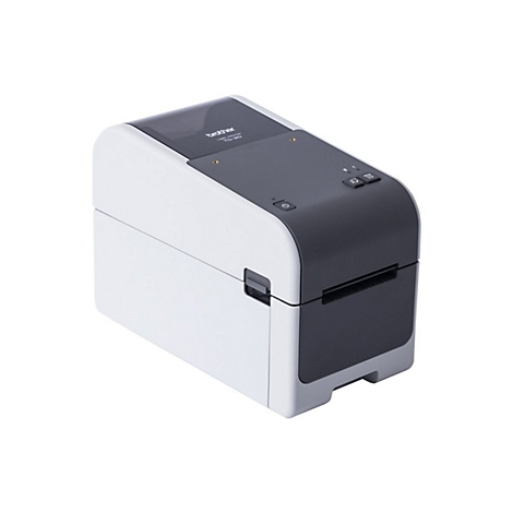 Eine schwarz-weiß Etikettendrucker mit der Aufschrift "brother LABEL PRINTER TD-2D". Die Oberseite ist schwarz, die Seiten weiß.