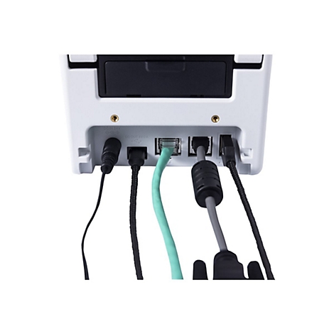 Nahaufnahme von Steckerleisten, verschiedenen Kabeln und Anschlüssen an einem weißen elektronischen Gerät.