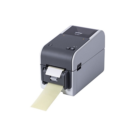 Ein Etikettendrucker in Grau und Schwarz. Ein gelbes Etikett wird aus dem Drucker ausgegeben.