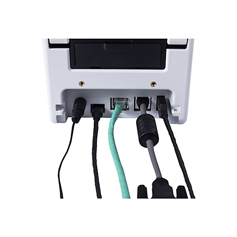 Nahaufnahme der Rückseite eines weißen elektronischen Geräts mit mehreren Anschlüssen und angeschlossenen Kabeln in verschiedenen Farben.