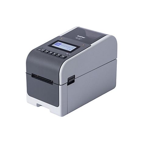 Grauer Etikettendrucker von Brother. Auf dem Display steht 'Template Settings'.