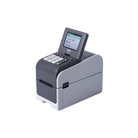 Etikettendrucker, grau und schwarz, mit Display und Tasten. Auf dem Display wird "Ready" angezeigt.