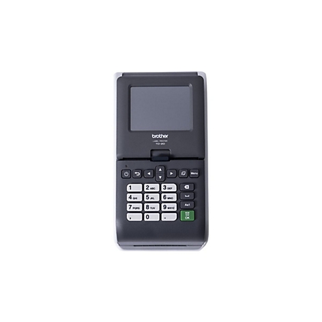 Dunkelgrauer Etikettendrucker auf weißem Grund. Der Drucker hat ein Display, Tastatur und das Brother-Logo. Auf der Tastatur ist ein OK-Button.