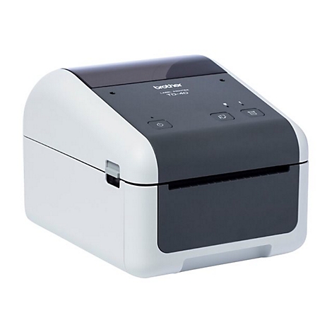 Etikettendrucker von Brother, weiß-grau, mit schwarzen Bedienelementen. Schriftzug 'Brother Label Printer TD-4D'.