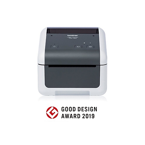 Etikettendrucker Brother TD-4D vor weißem Hintergrund. Auszeichnung "Good Design Award 2019".