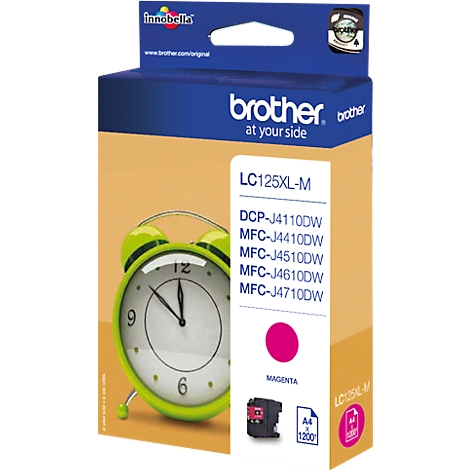 Eine Tintenpatrone von Brother mit magenta Tinte. Auf der Verpackung steht "LC125XL-M" und eine Liste kompatibler Drucker.