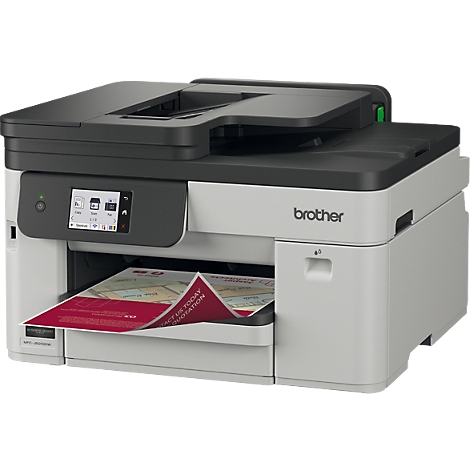 Kompakter Brother Multifunktionsdrucker in Grau und Schwarz mit bedrucktem Blatt Papier im Ausgabefach.