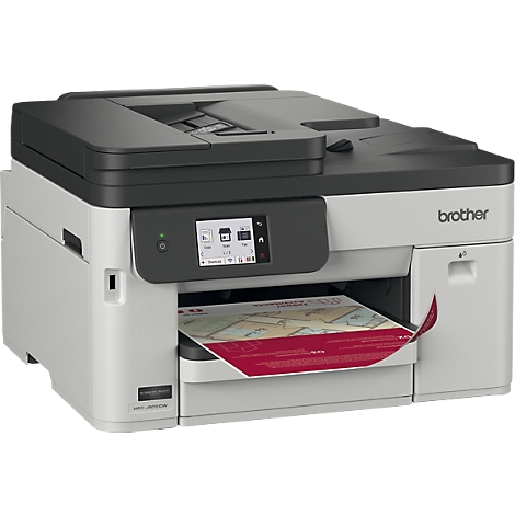Grau-schwarzer Brother Multifunktionsdrucker mit Touchscreen und bedrucktem Blatt Papier.