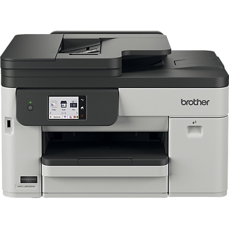 Ein grauer und schwarzer Brother Multifunktionsdrucker vor neutralem Hintergrund.