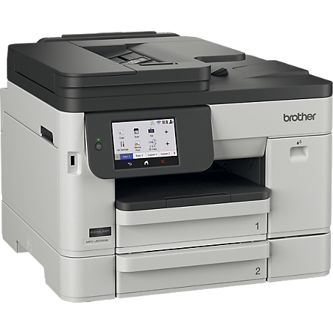 Grau-schwarzer Brother Multifunktionsdrucker mit zwei Papierfächern und Touchscreen.