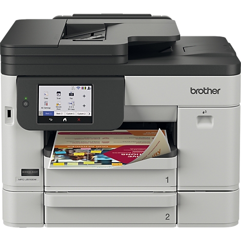Brother Multifunktionsdrucker in Weiß und Schwarz mit Touchscreen-Display und zwei Papierkassetten.