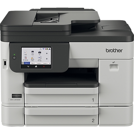 Grau-schwarzer Brother Multifunktionsdrucker mit Touchscreen-Display und zwei Papierkassetten vor weißem Hintergrund.